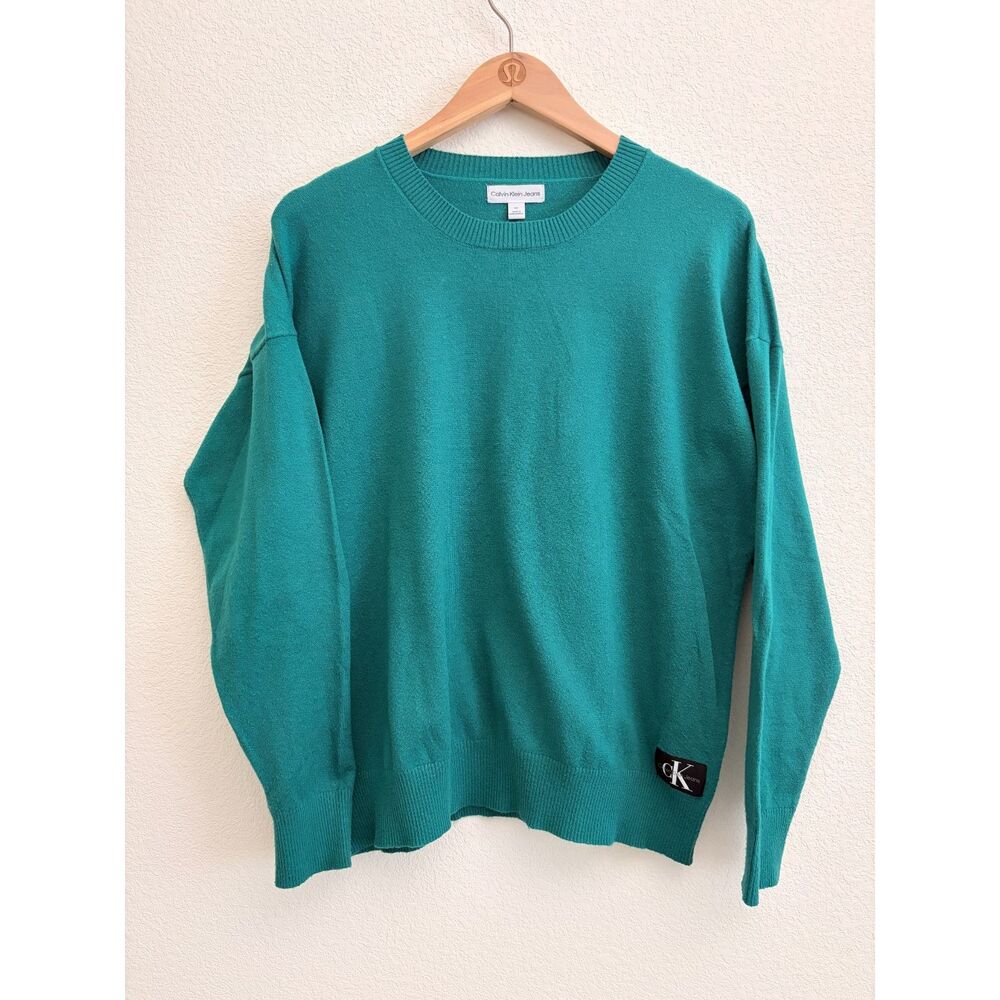 Calvin Klein Jeans Women L Teal Green Crewneck Pullover Sweater CK Logo